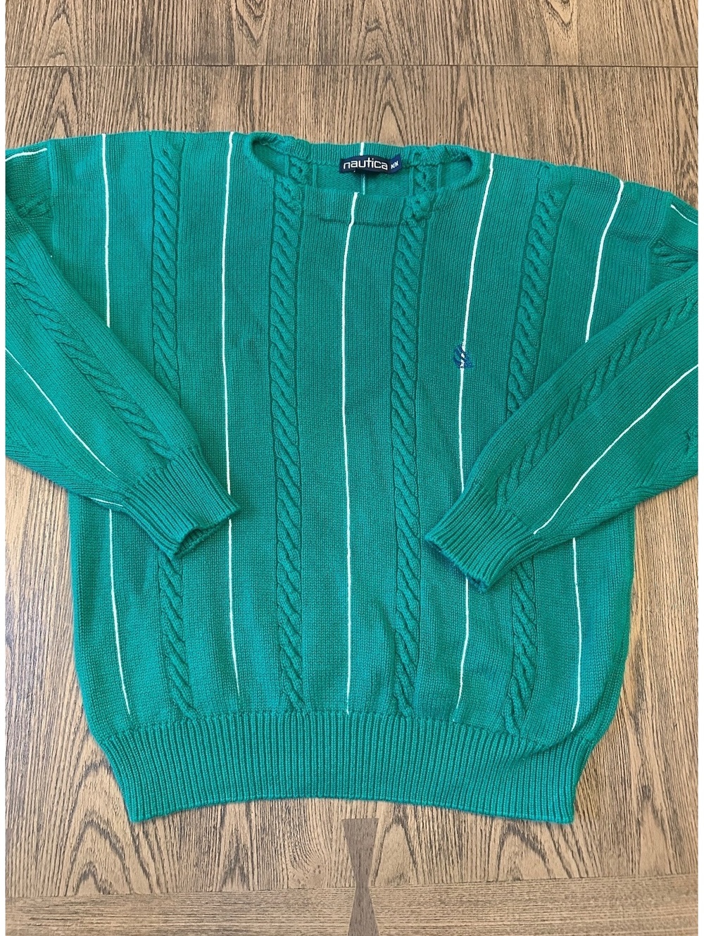 Nautica Men's Green Cable Knit Pullover Sweater with White Stripes